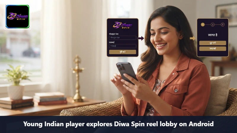 Young Indian player explores Diwa Spin reel lobby on Android